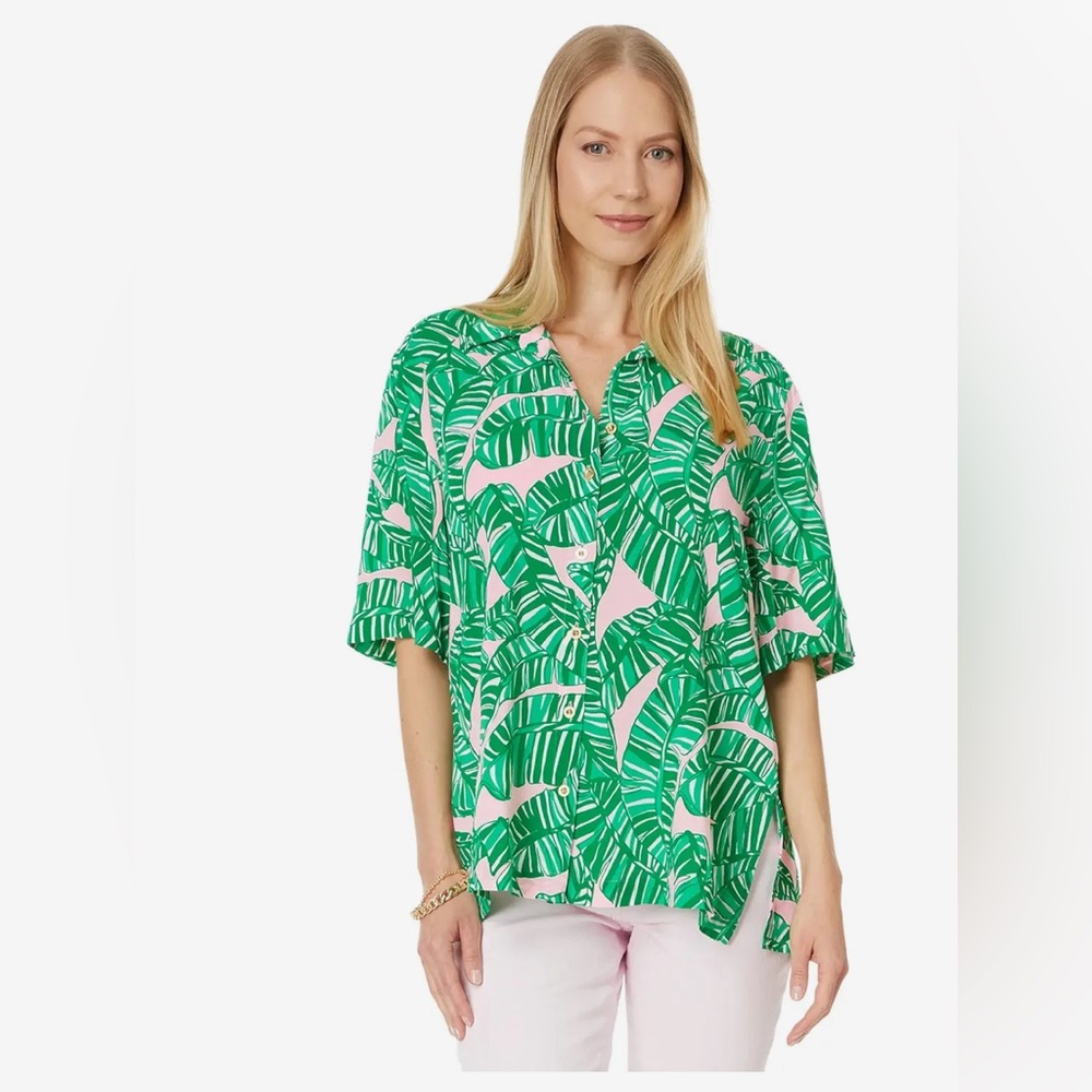 New Lilly Pulitzer Franki Shirt Coverup in Conch Shell Pink Lets Go Bananas SZ L